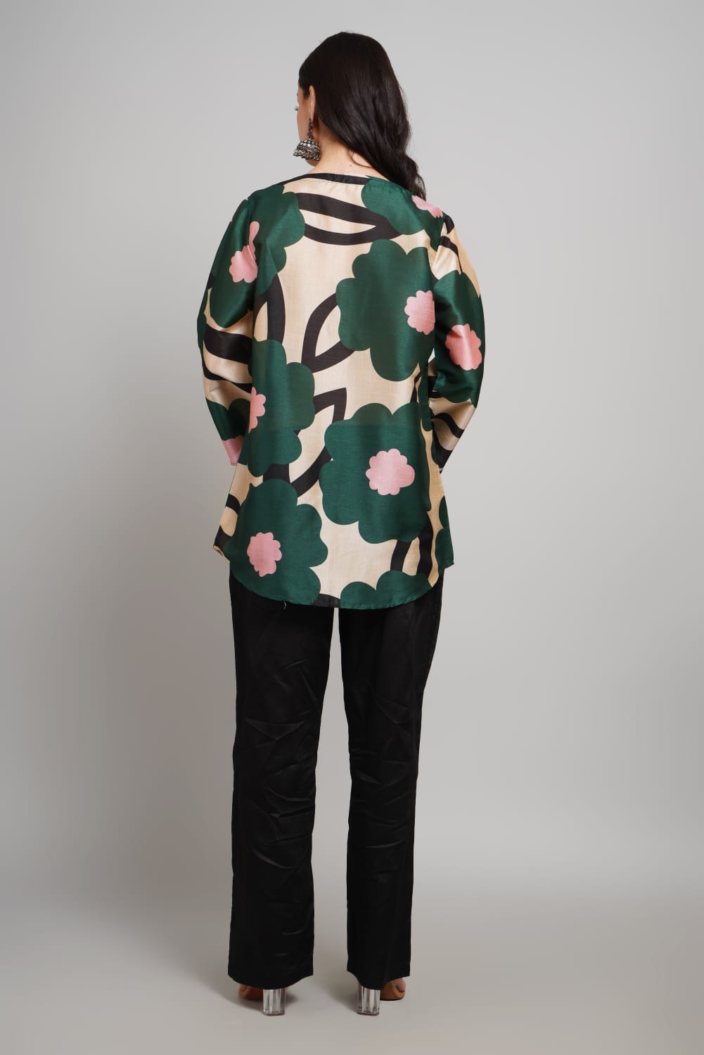 Elegant Silk Co-ords Set – Floral V-Neck Shirt & Black Pants