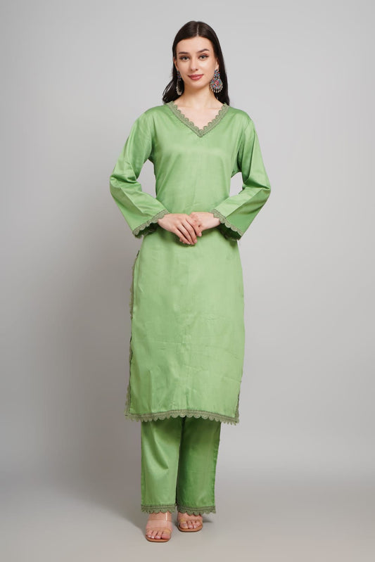Women’s Elegant Solid Pista Green Rayon Kurti Pant Set – V Neck Ethnic Perfection