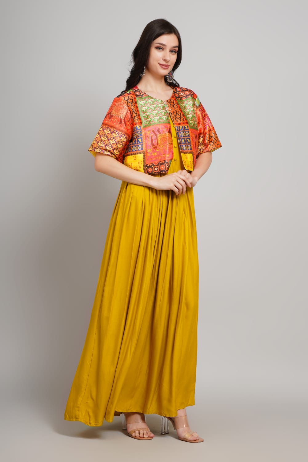 Stylish Rayon Ethnic Gown with silk Jaket elegant design
