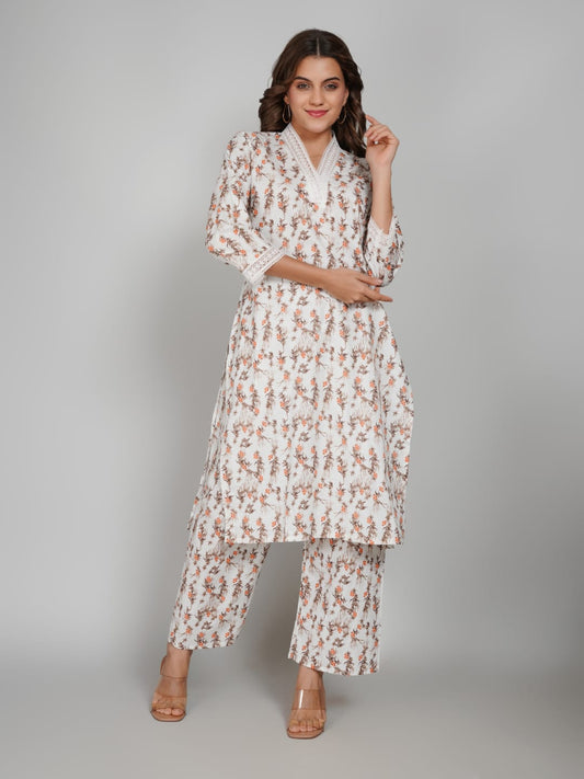 Women’s Pure Cotton Kurta Pant Set – 3/4 Sleeve, Collar Neck