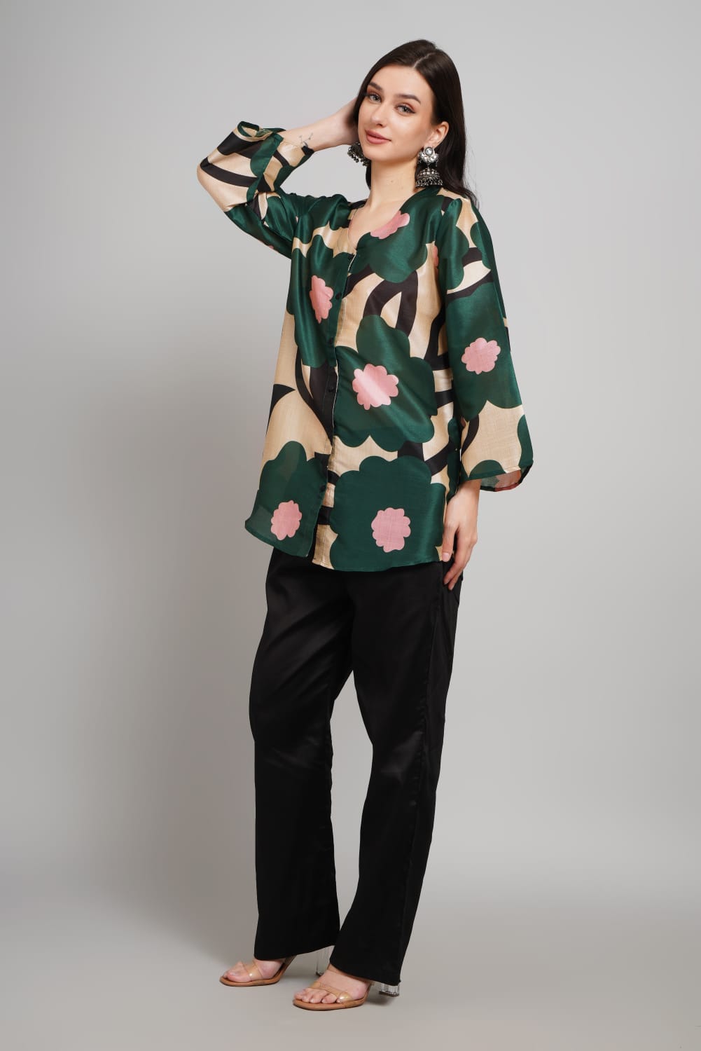 Elegant Silk Co-ords Set – Floral V-Neck Shirt & Black Pants