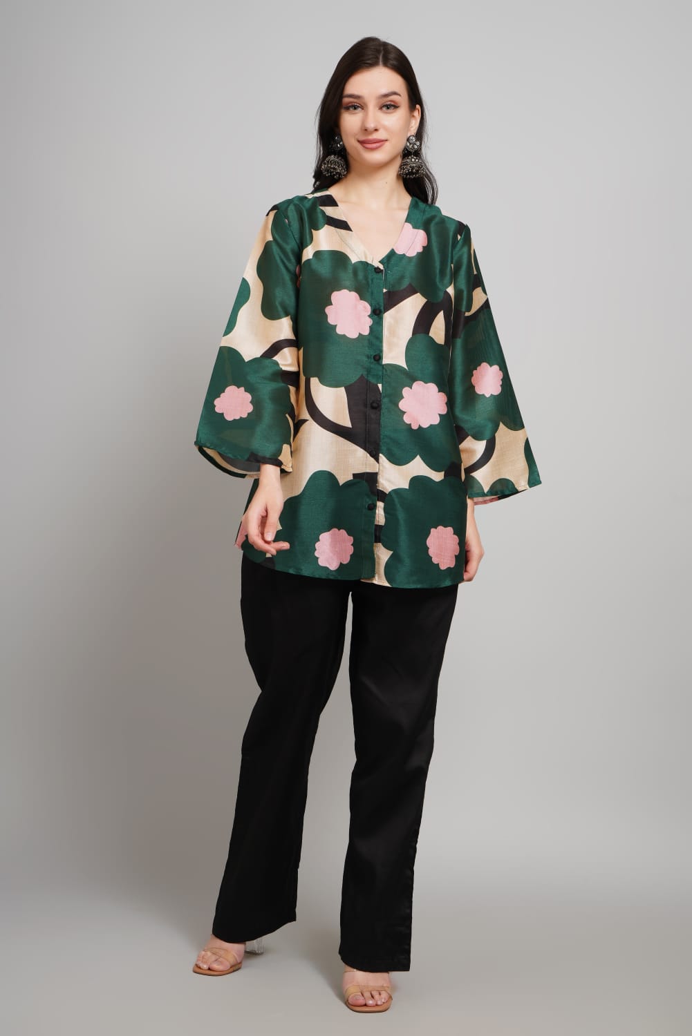 Elegant Silk Co-ords Set – Floral V-Neck Shirt & Black Pants