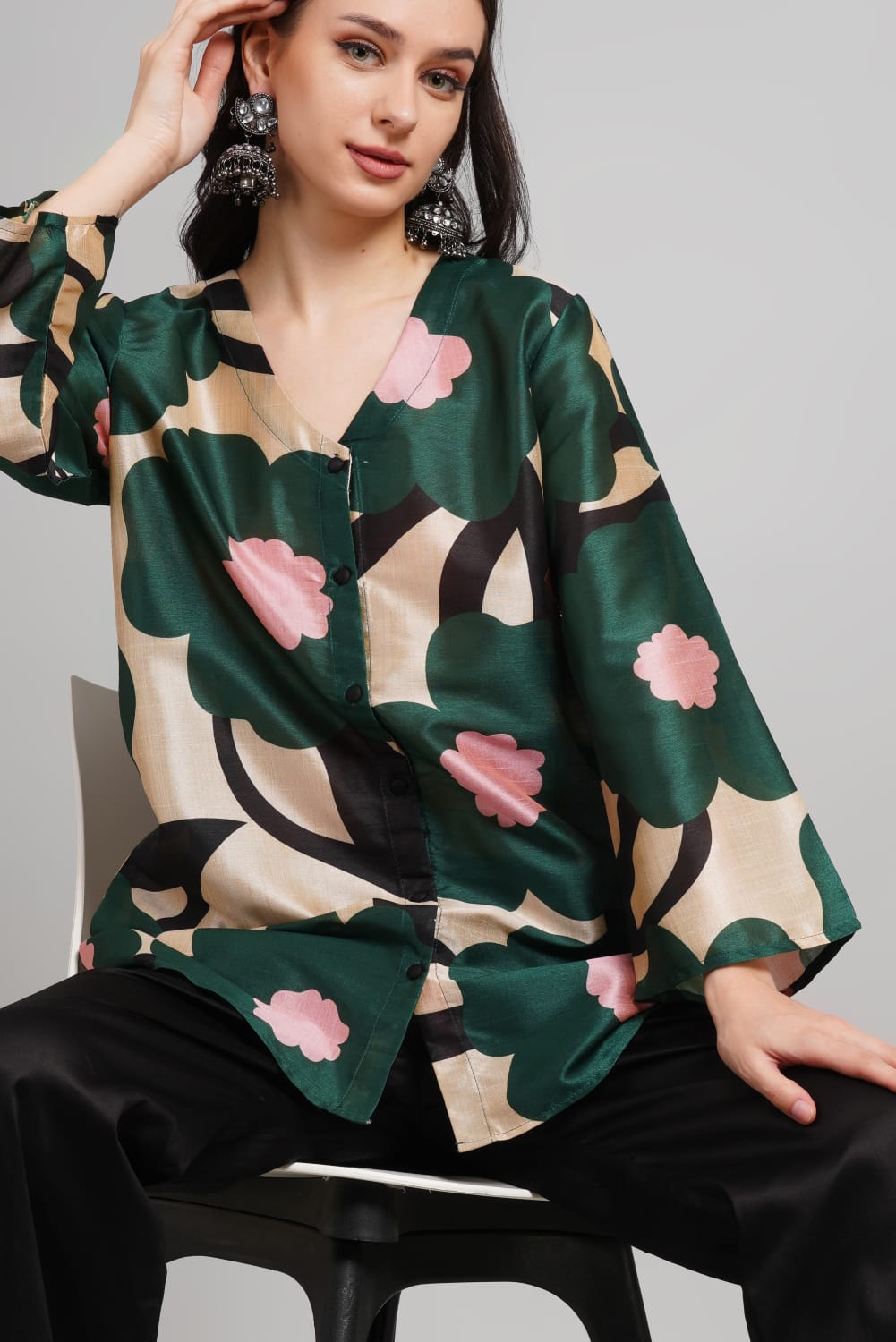 Elegant Silk Co-ords Set – Floral V-Neck Shirt & Black Pants