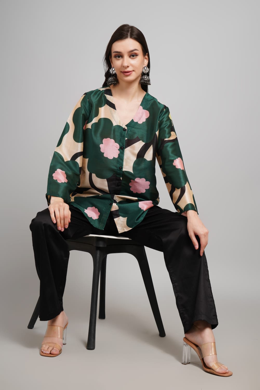 Elegant Silk Co-ords Set – Floral V-Neck Shirt & Black Pants
