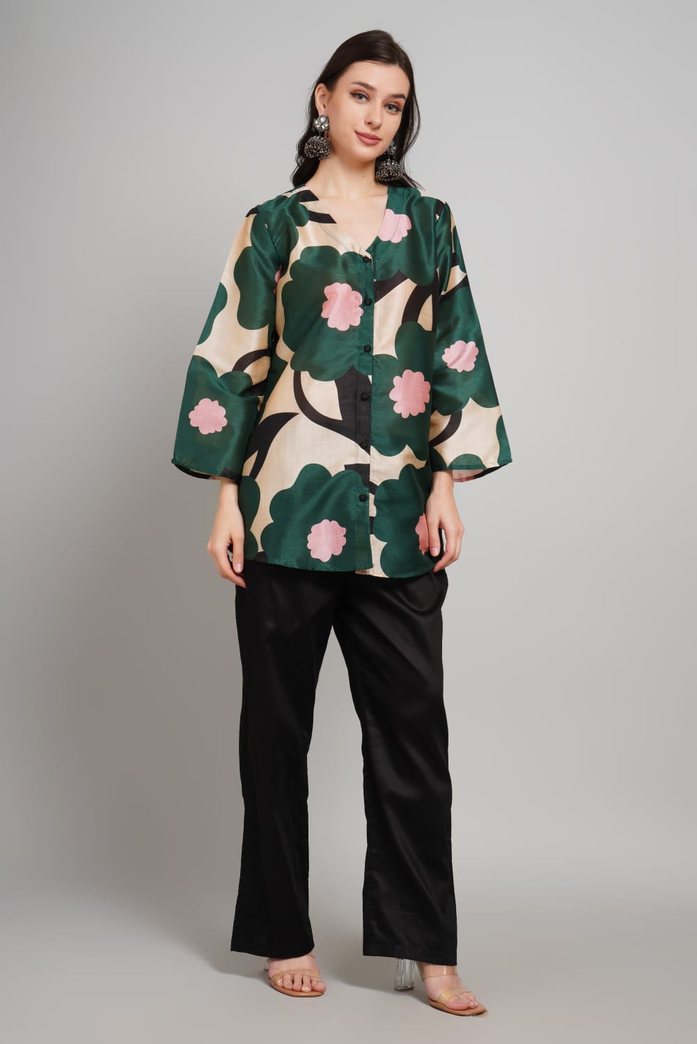 Elegant Silk Co-ords Set – Floral V-Neck Shirt & Black Pants