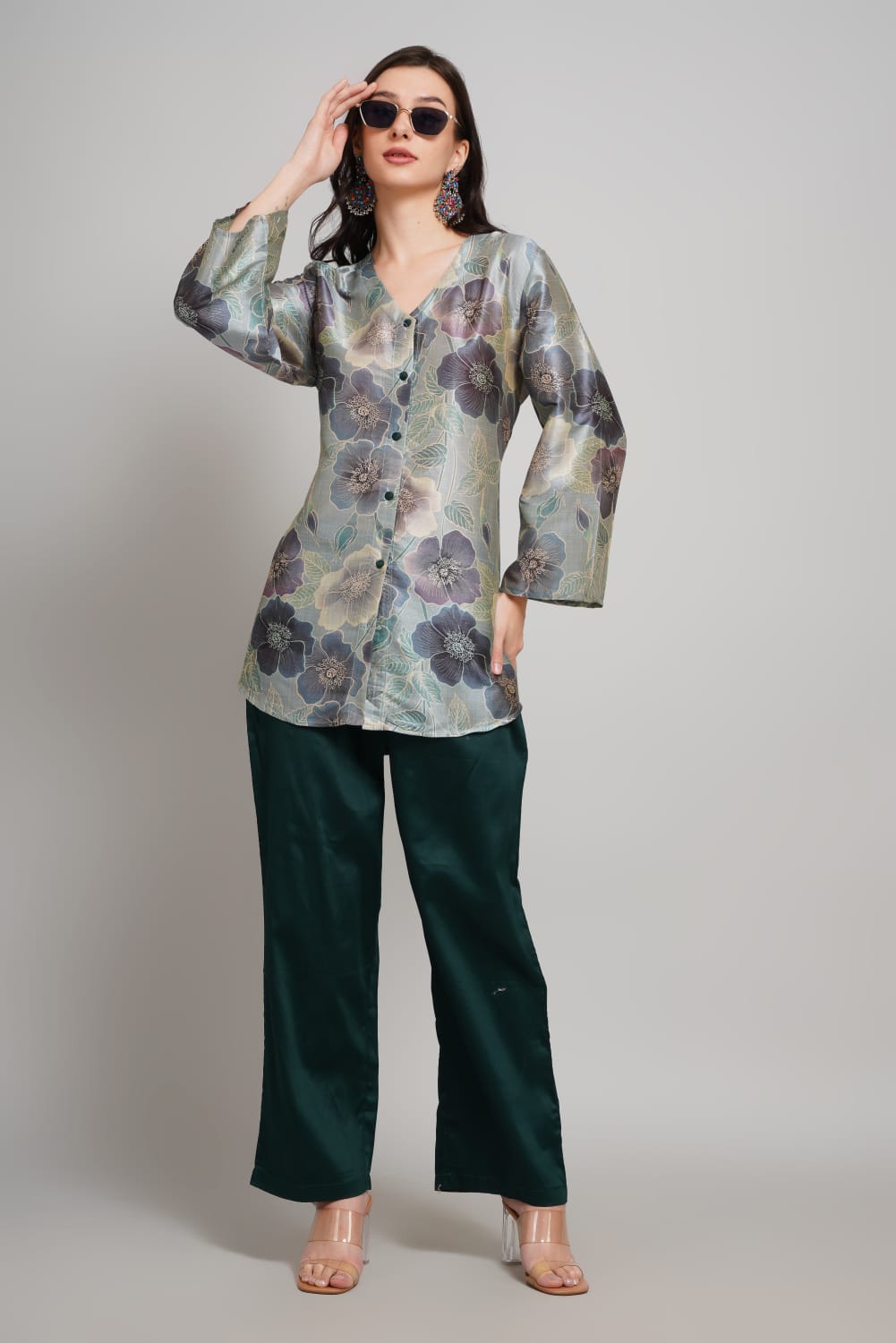 Elegant Silk Co-ords Set – V-Neck Floral Shirt & Solid Pants
