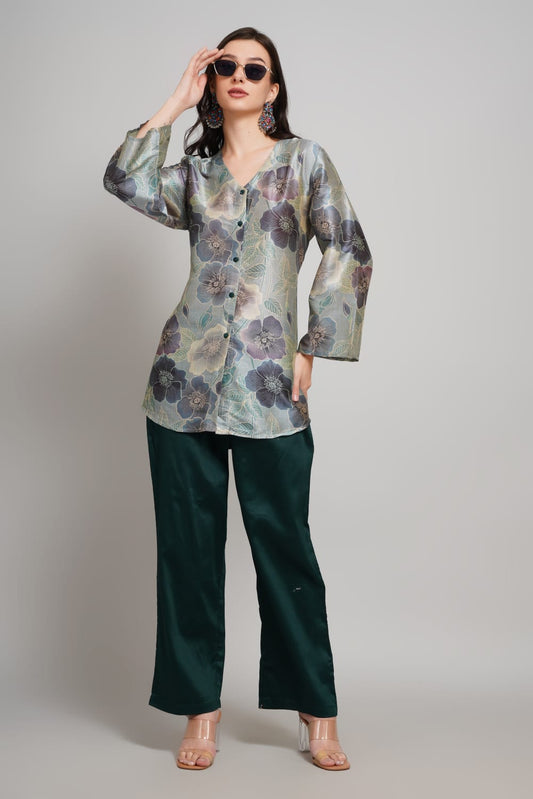Elegant Silk Co-ords Set – V-Neck Floral Shirt & Solid Pants