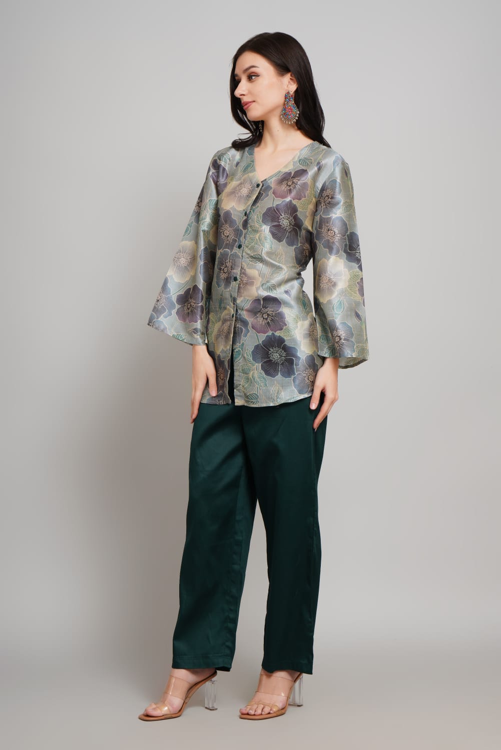 Elegant Silk Co-ords Set – V-Neck Floral Shirt & Solid Pants