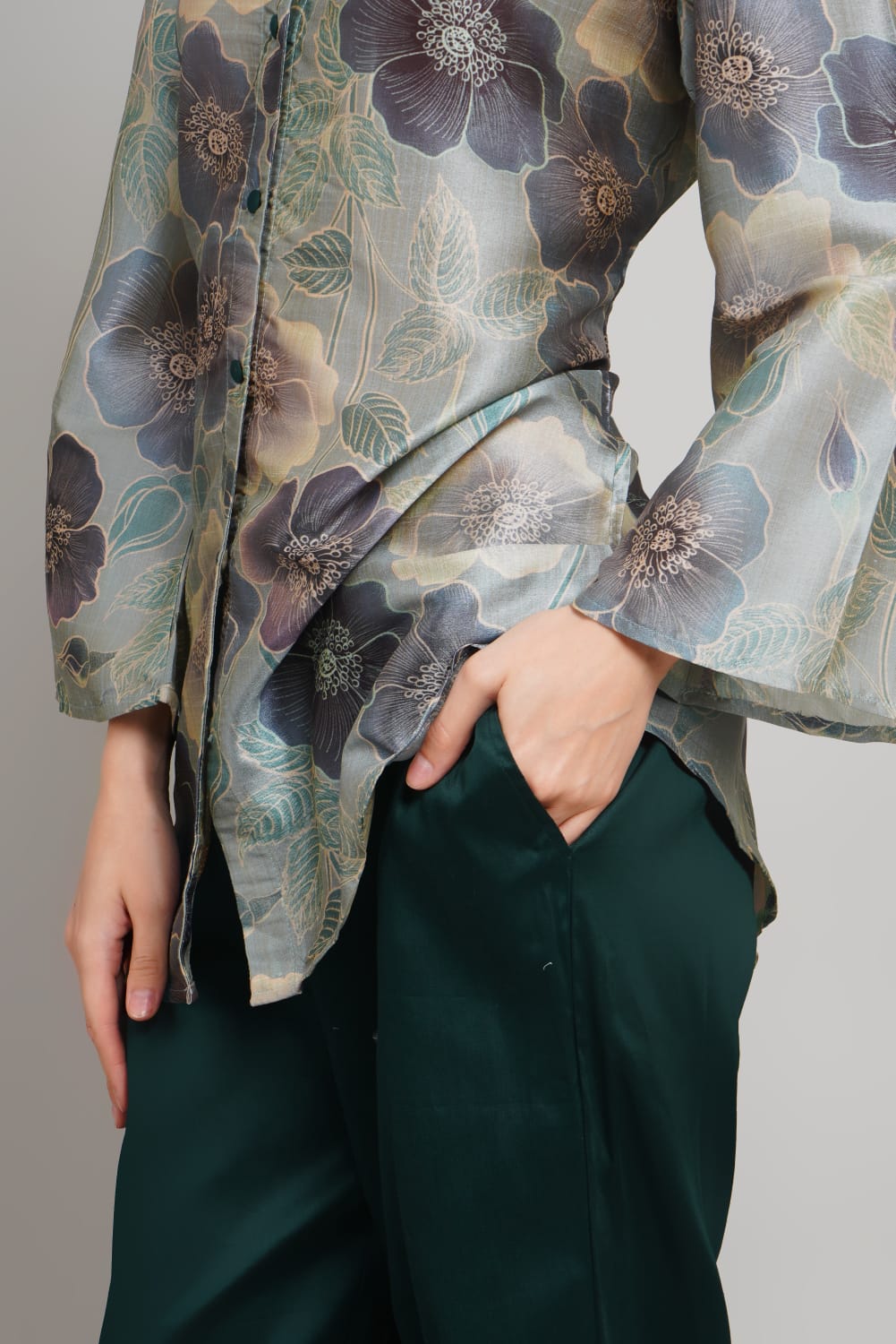 Elegant Silk Co-ords Set – V-Neck Floral Shirt & Solid Pants