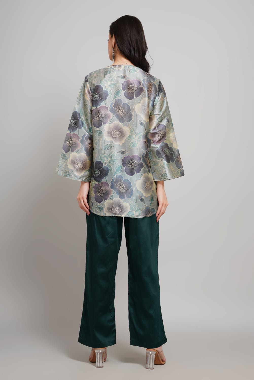 Elegant Silk Co-ords Set – V-Neck Floral Shirt & Solid Pants