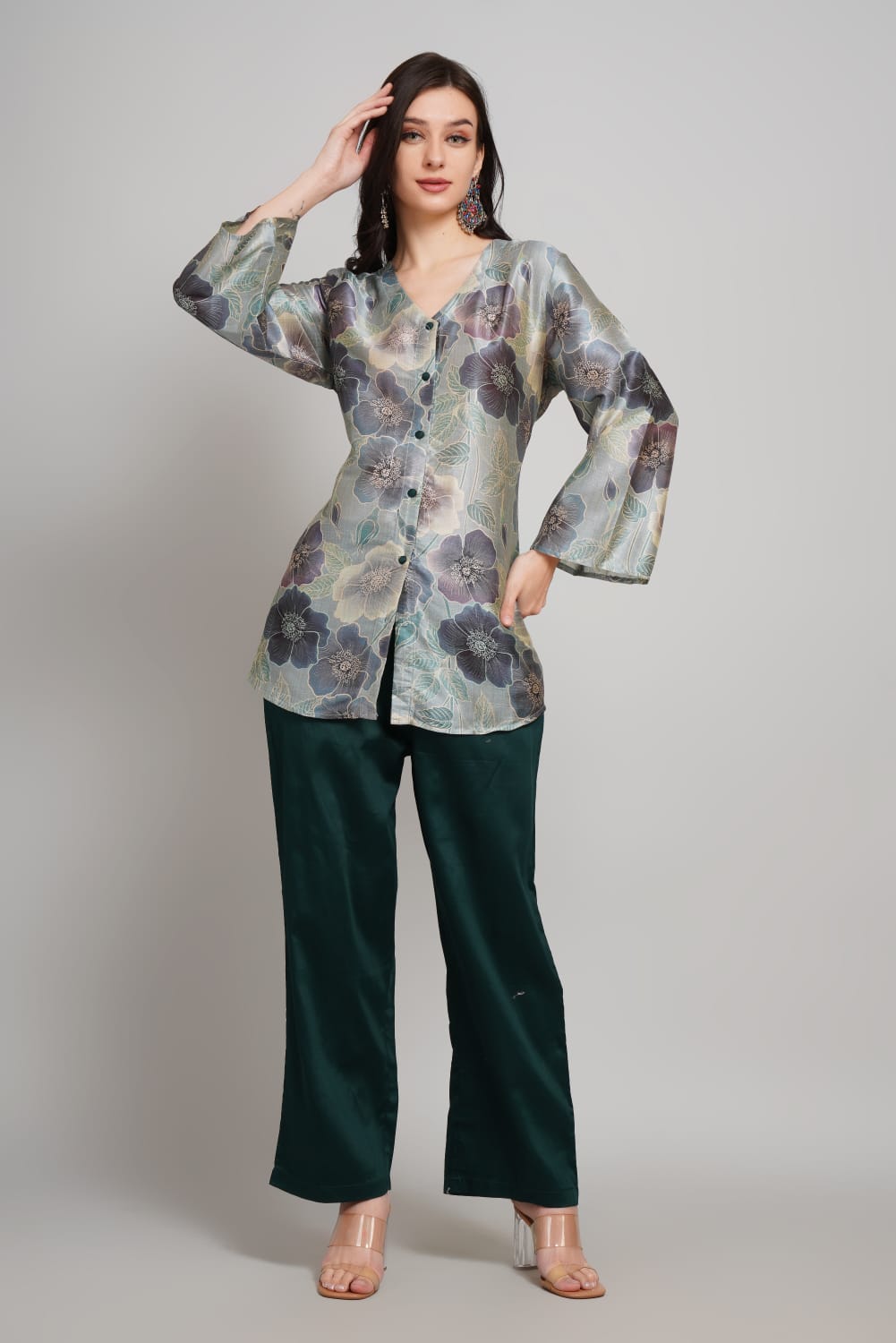 Elegant Silk Co-ords Set – V-Neck Floral Shirt & Solid Pants