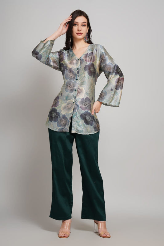 Elegant Silk Co-ords Set – V-Neck Floral Shirt & Solid Pants
