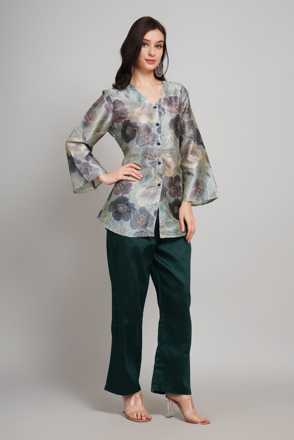 Elegant Silk Co-ords Set – V-Neck Floral Shirt & Solid Pants