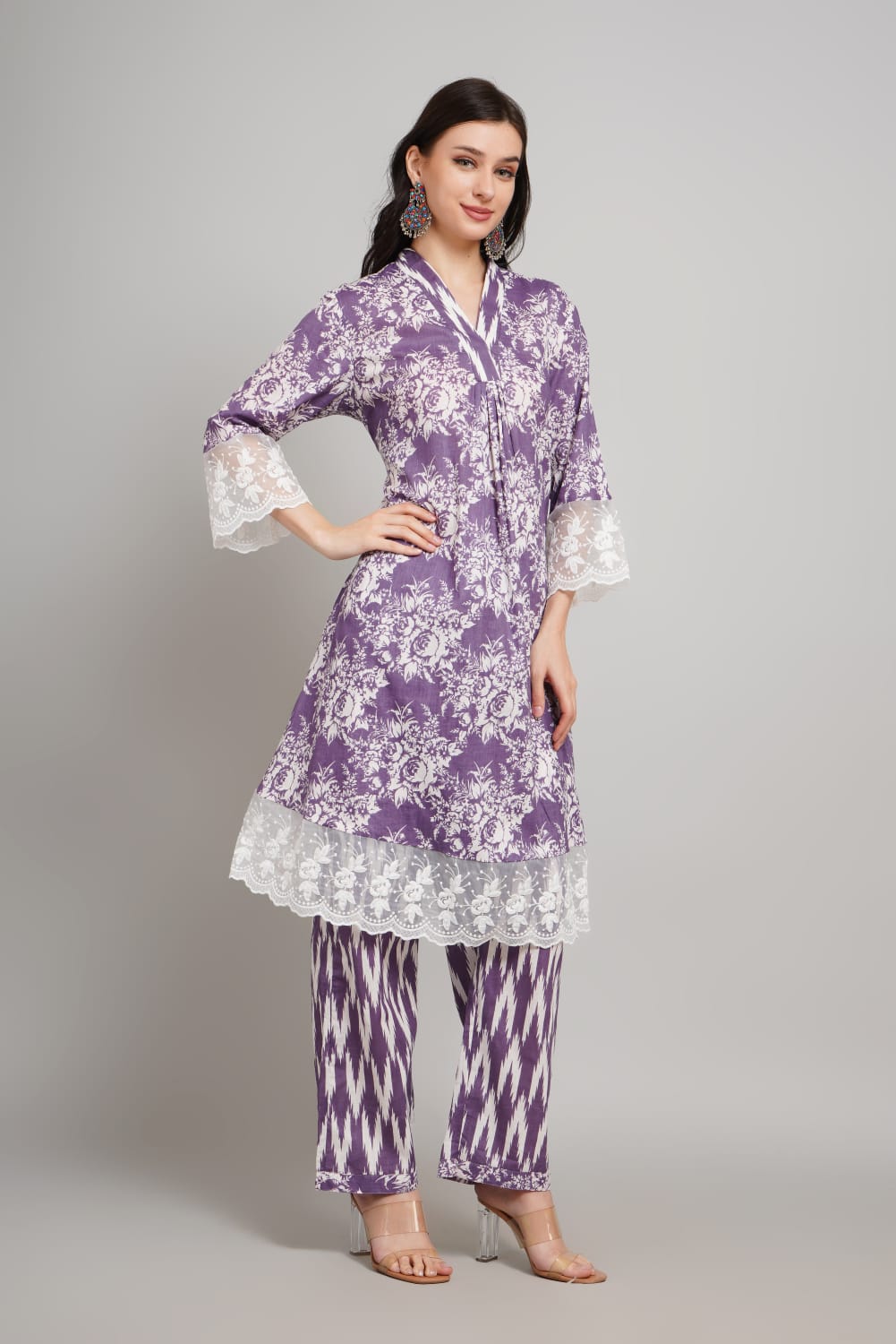 Trendy Cotton Kurti with Palazzo – Festive Purple, V-Neck, Regular Sleeve