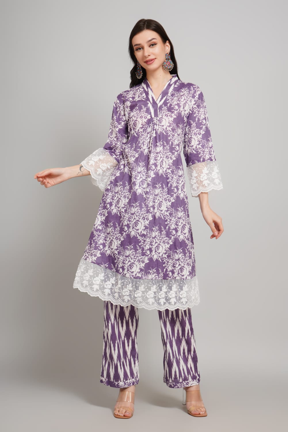 Trendy Cotton Kurti with Palazzo – Festive Purple, V-Neck, Regular Sleeve