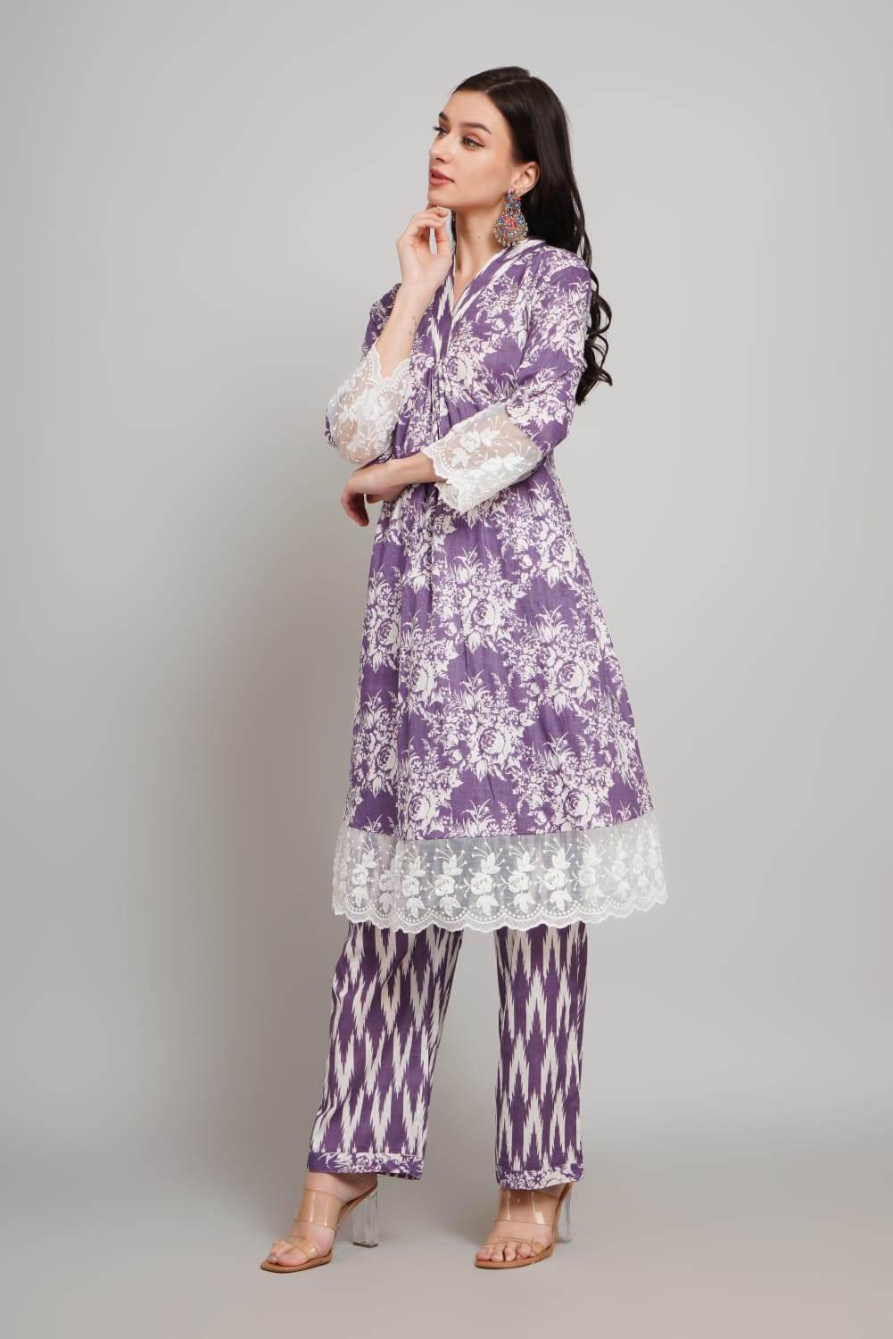 Trendy Cotton Kurti with Palazzo – Festive Purple, V-Neck, Regular Sleeve