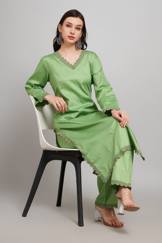 Women’s Elegant Solid Pista Green Rayon Kurti Pant Set – V Neck Ethnic Perfection