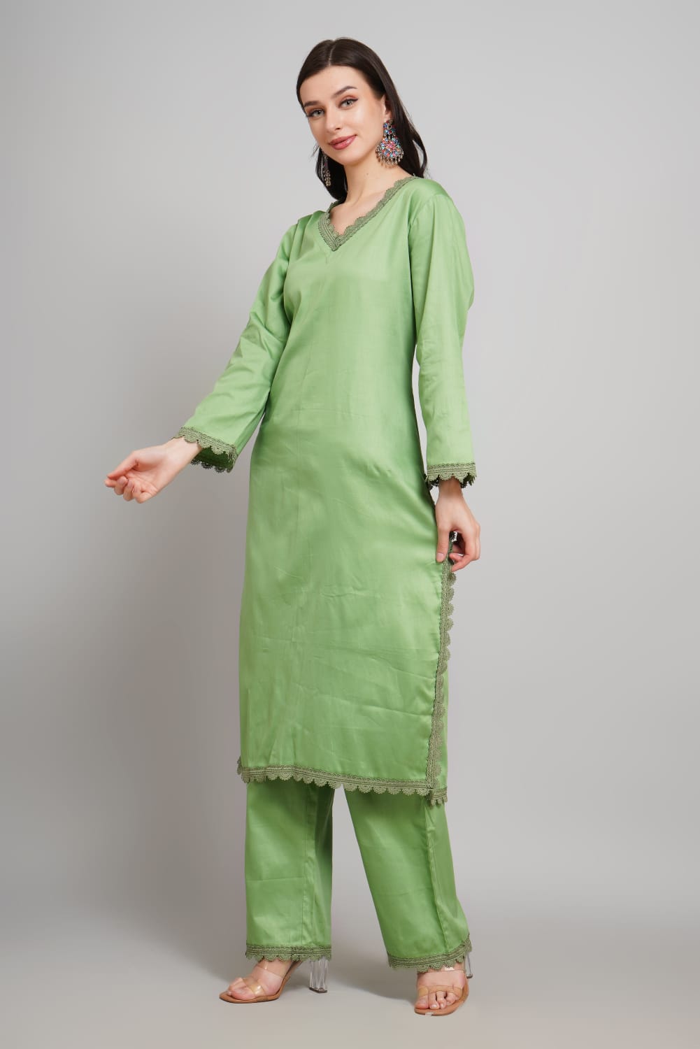 Women’s Elegant Solid Pista Green Rayon Kurti Pant Set – V Neck Ethnic Perfection