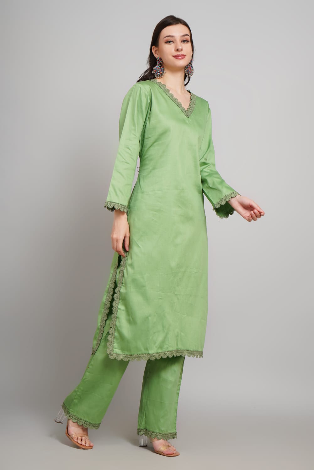Women’s Elegant Solid Pista Green Rayon Kurti Pant Set – V Neck Ethnic Perfection