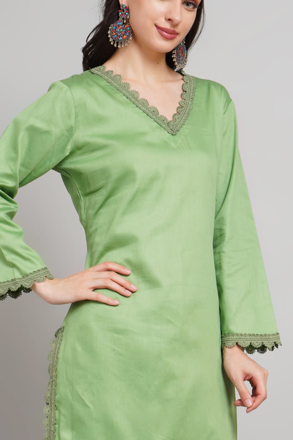 Women’s Elegant Solid Pista Green Rayon Kurti Pant Set – V Neck Ethnic Perfection