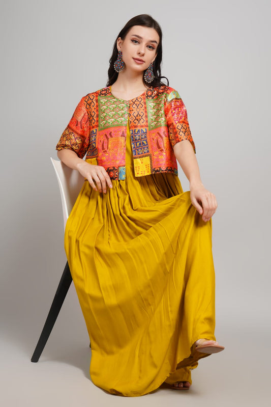 Stylish Rayon Ethnic Gown with silk Jaket elegant design
