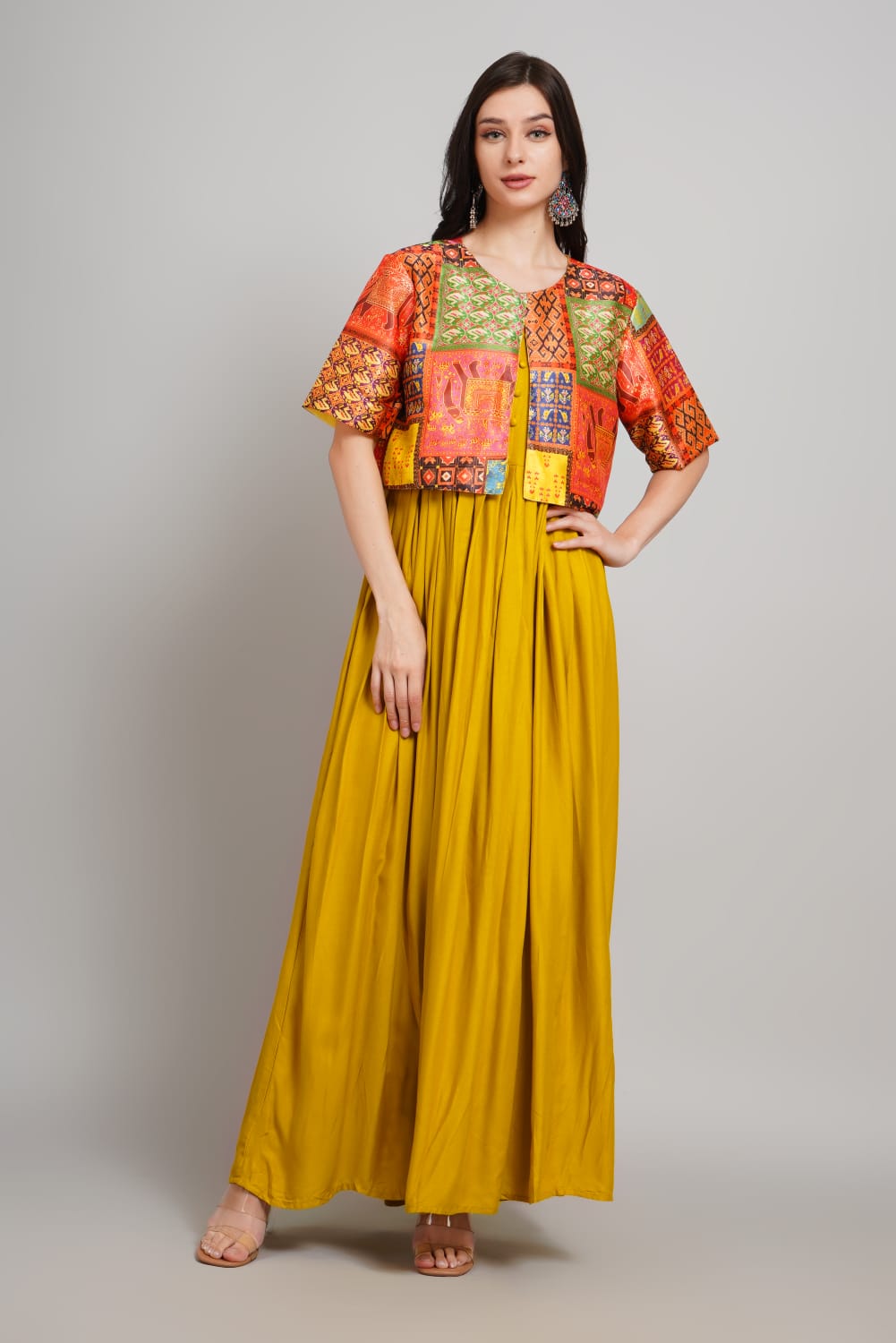 Stylish Rayon Ethnic Gown with silk Jaket elegant design
