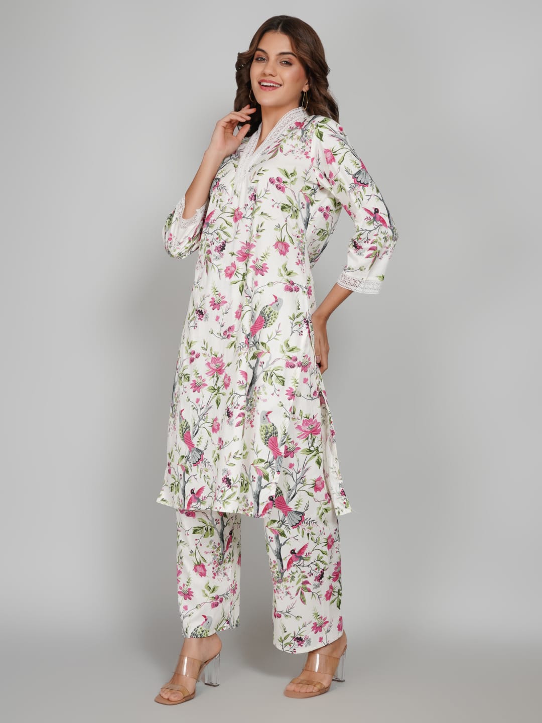 Women’s Pure Cotton Kurta Pant Set – 3/4 Sleeve, Collar Neck