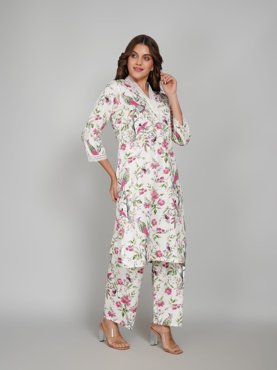 Women’s Pure Cotton Kurta Pant Set – 3/4 Sleeve, Collar Neck