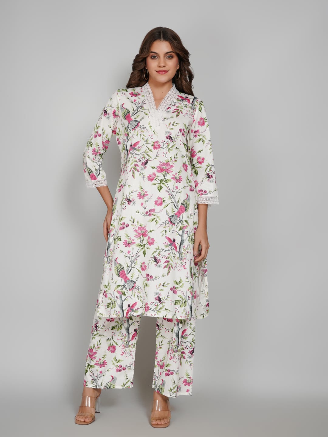 Women’s Pure Cotton Kurta Pant Set – 3/4 Sleeve, Collar Neck