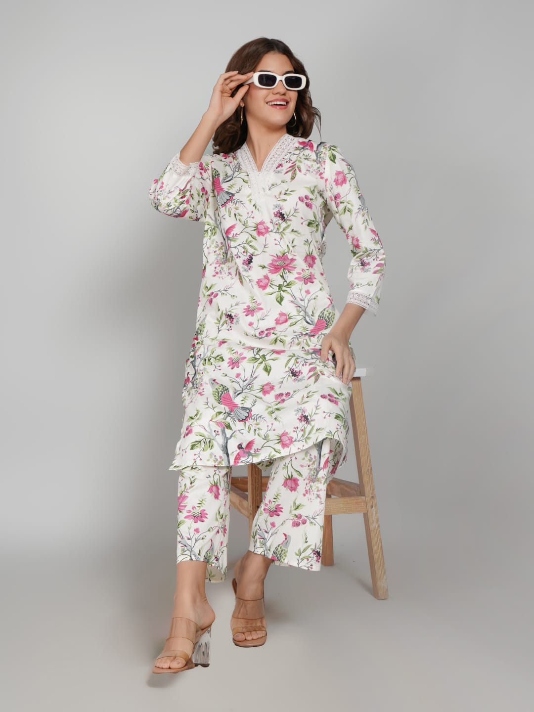 Women’s Pure Cotton Kurta Pant Set – 3/4 Sleeve, Collar Neck