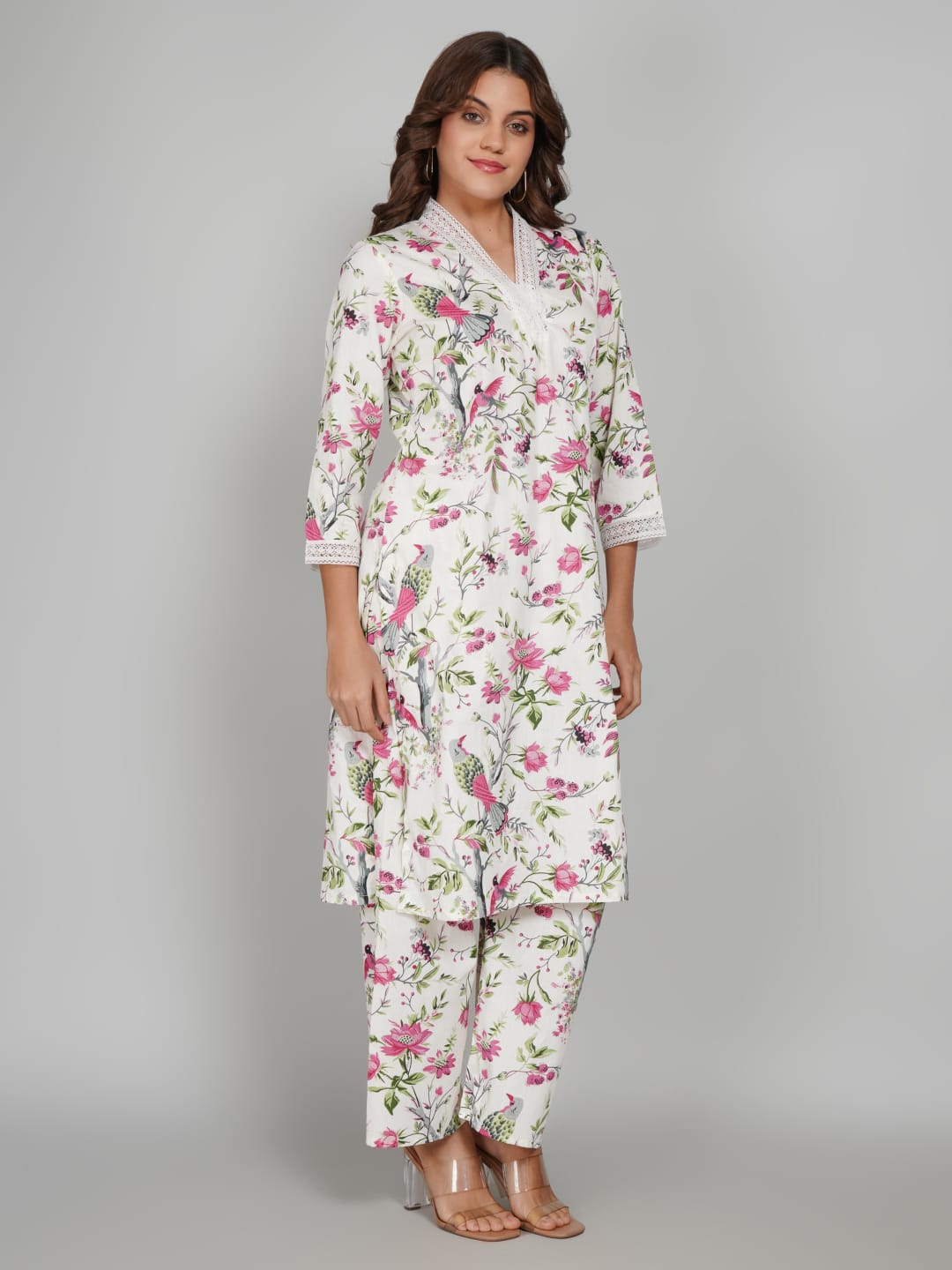 Women’s Pure Cotton Kurta Pant Set – 3/4 Sleeve, Collar Neck