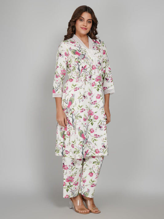 Women’s Pure Cotton Kurta Pant Set – 3/4 Sleeve, Collar Neck