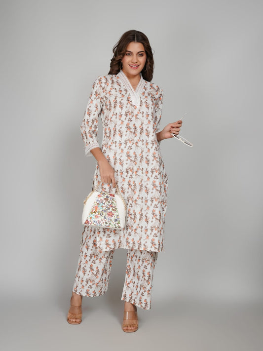 Women’s Pure Cotton Kurta Pant Set – 3/4 Sleeve, Collar Neck