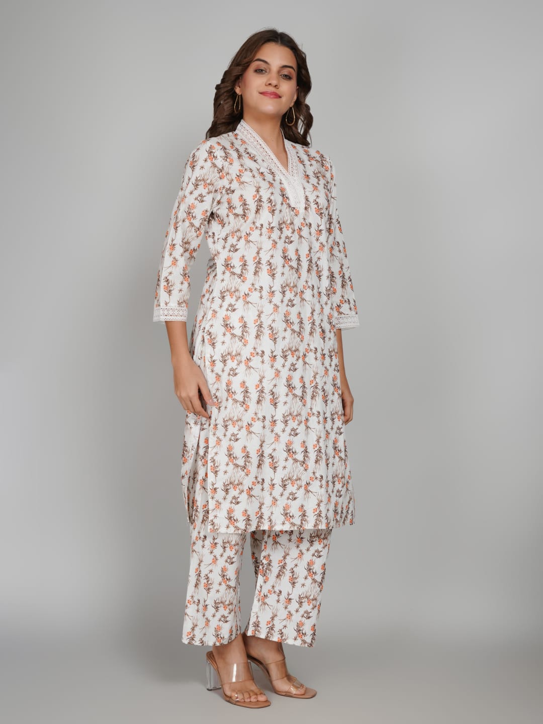 Women’s Pure Cotton Kurta Pant Set – 3/4 Sleeve, Collar Neck