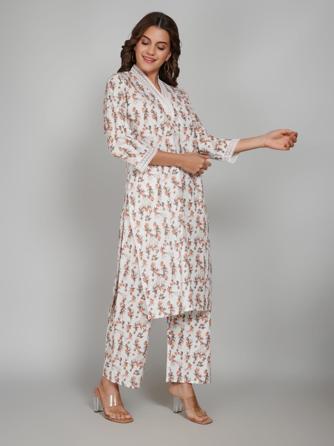 Women’s Pure Cotton Kurta Pant Set – 3/4 Sleeve, Collar Neck