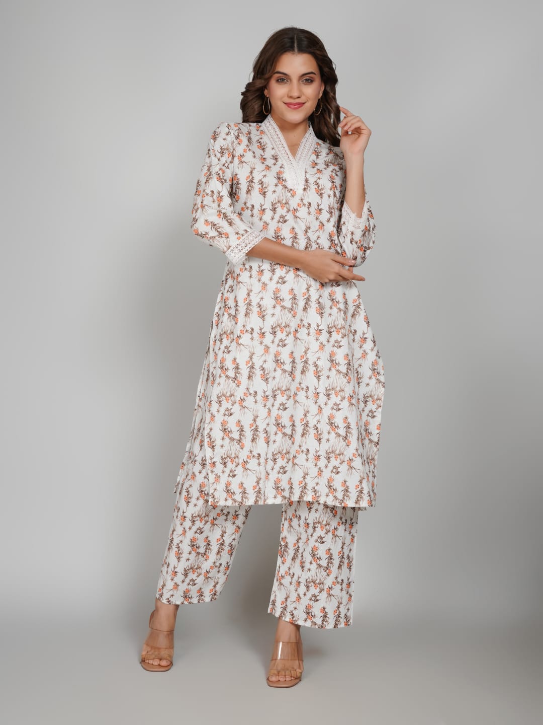 Women’s Pure Cotton Kurta Pant Set – 3/4 Sleeve, Collar Neck