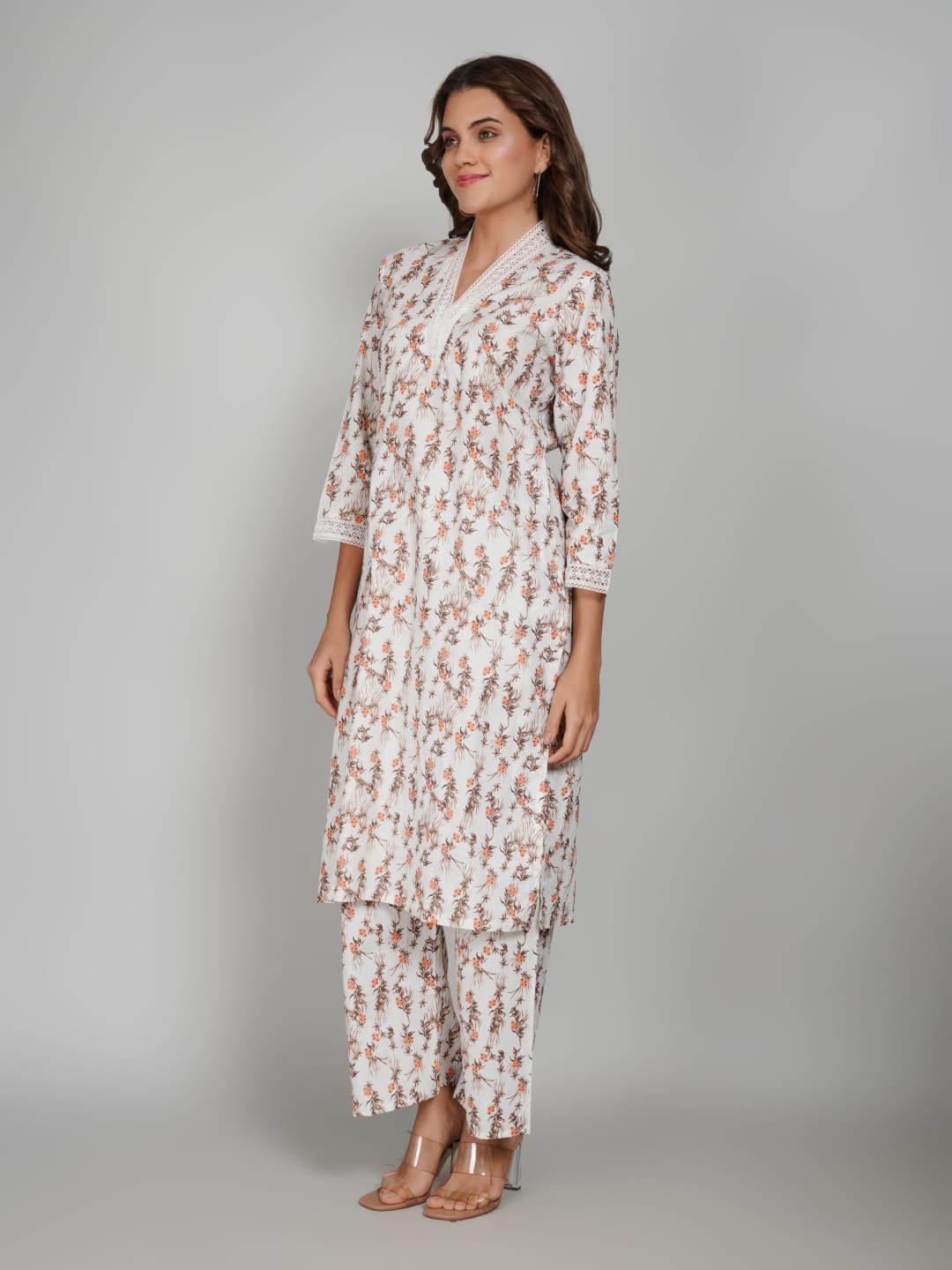 Women’s Pure Cotton Kurta Pant Set – 3/4 Sleeve, Collar Neck