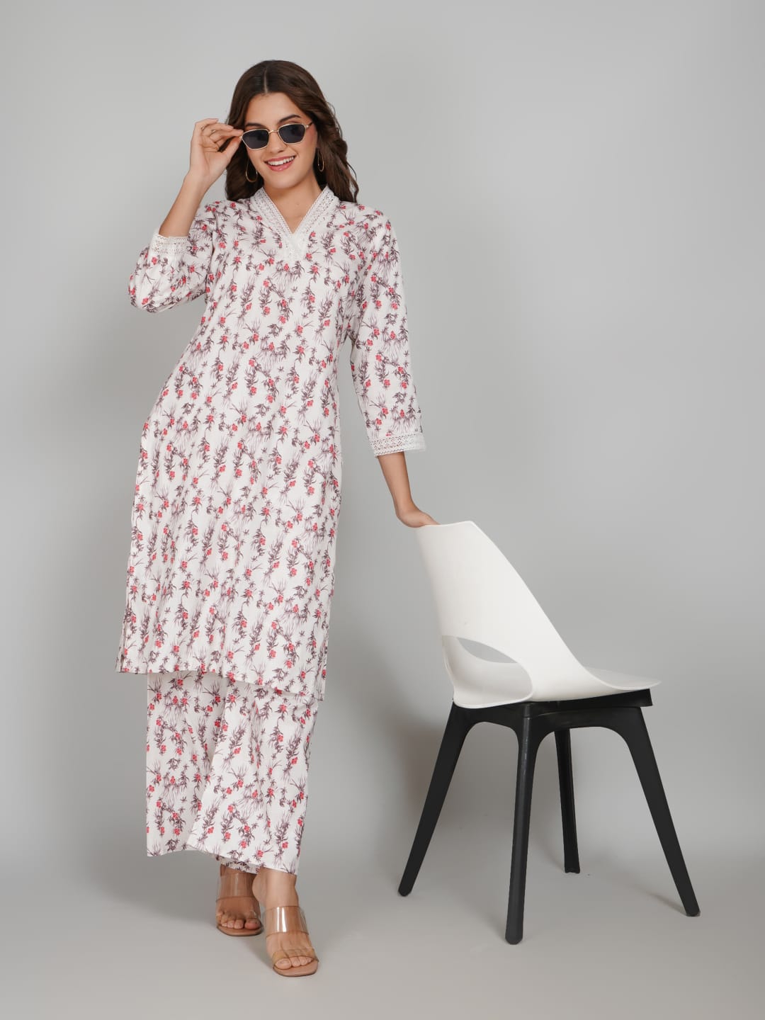 Women’s Pure Cotton Kurta Pant Set – 3/4 Sleeve, Collar Neck