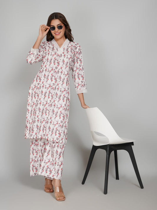 Women’s Pure Cotton Kurta Pant Set – 3/4 Sleeve, Collar Neck