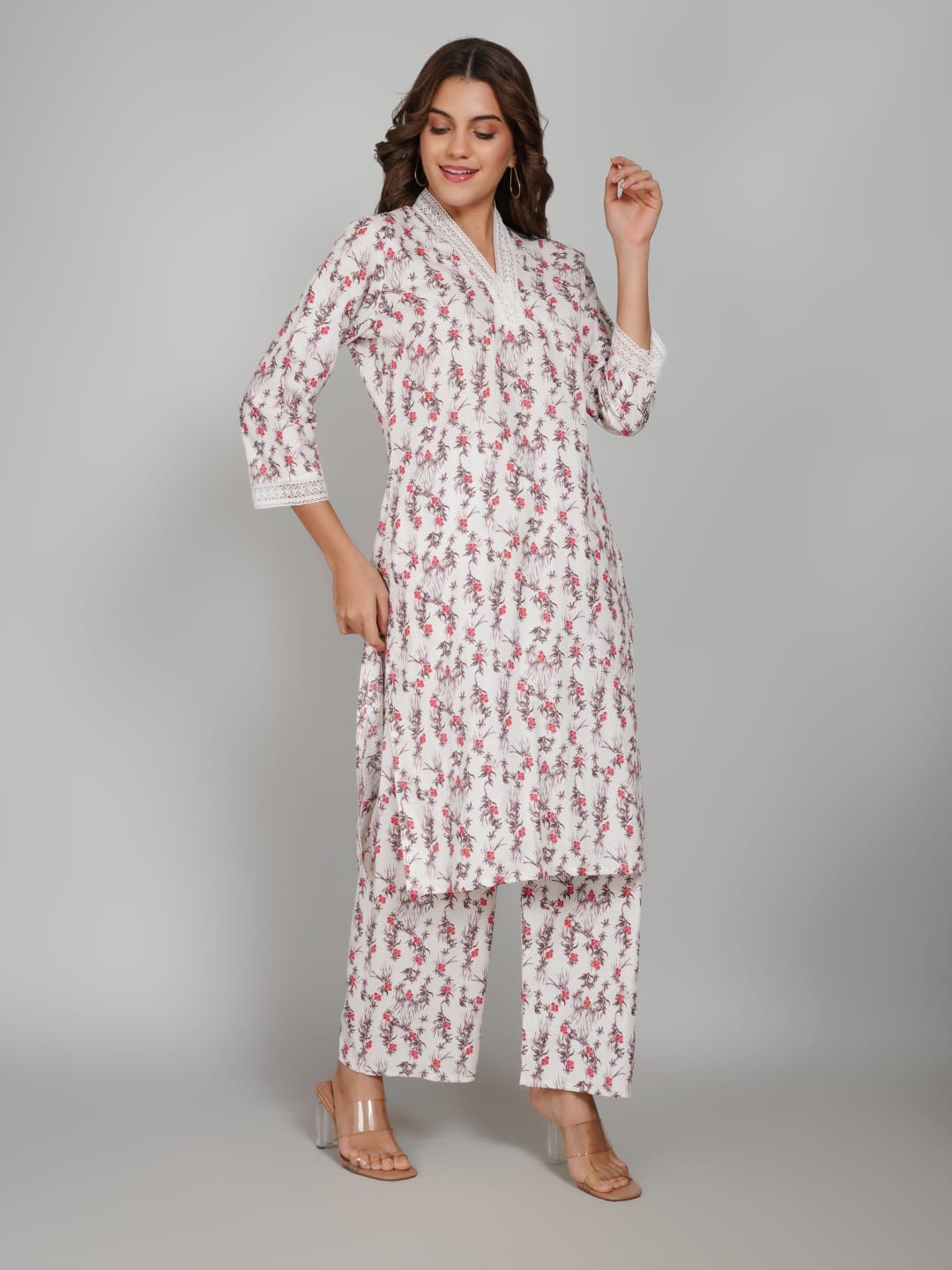 Women’s Pure Cotton Kurta Pant Set – 3/4 Sleeve, Collar Neck