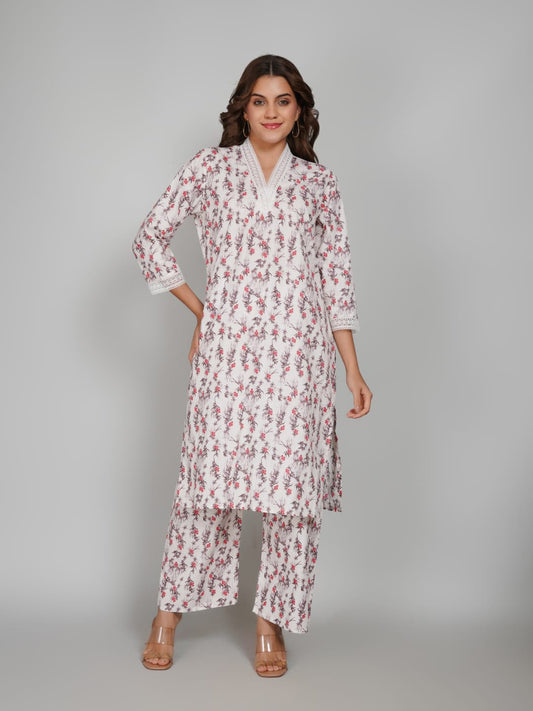 Women’s Pure Cotton Kurta Pant Set – 3/4 Sleeve, Collar Neck