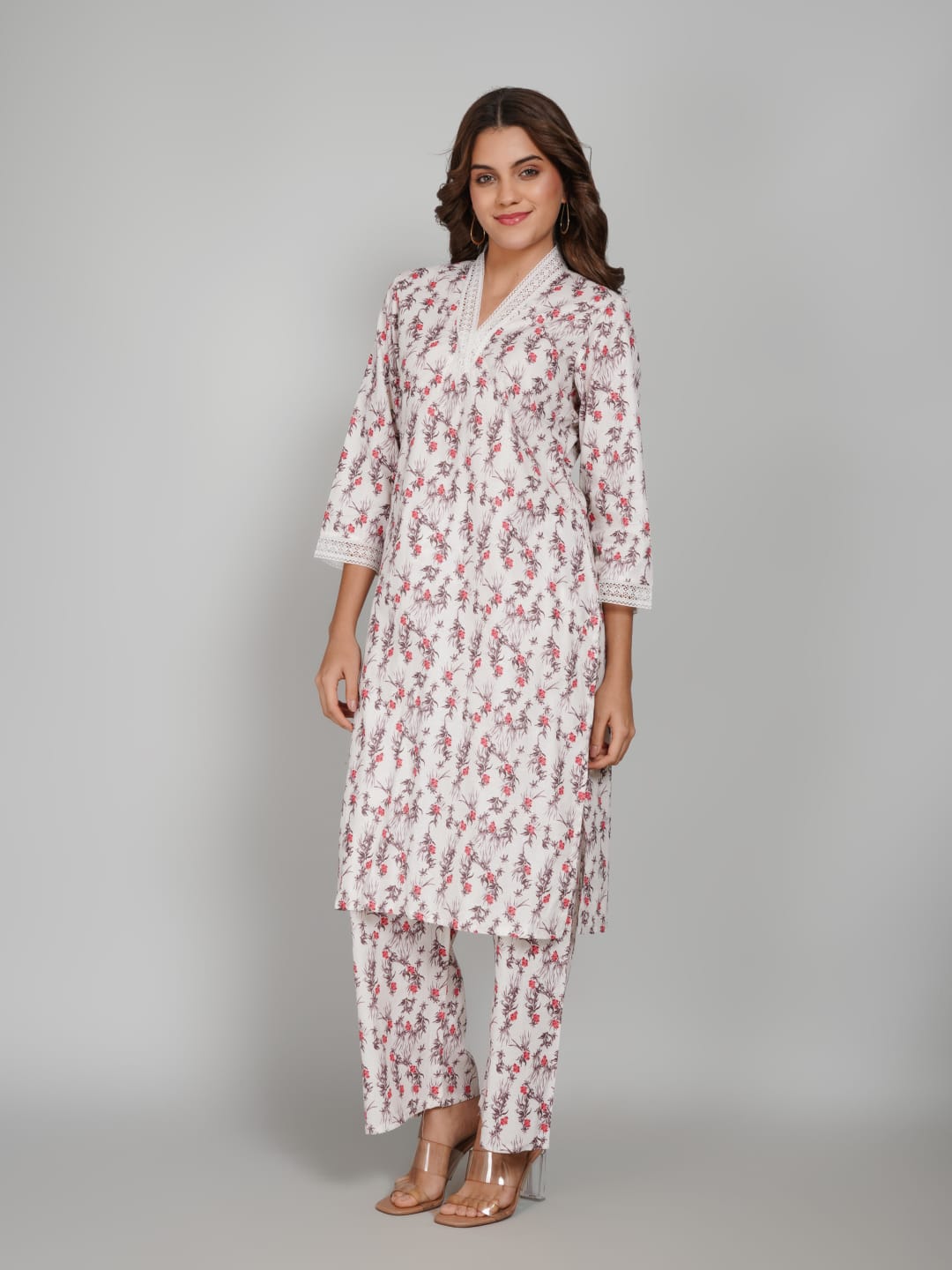 Women’s Pure Cotton Kurta Pant Set – 3/4 Sleeve, Collar Neck