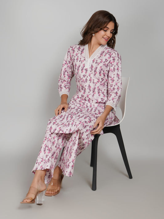 Women’s Pure Cotton Kurta Pant Set – 3/4 Sleeve, Collar Neck