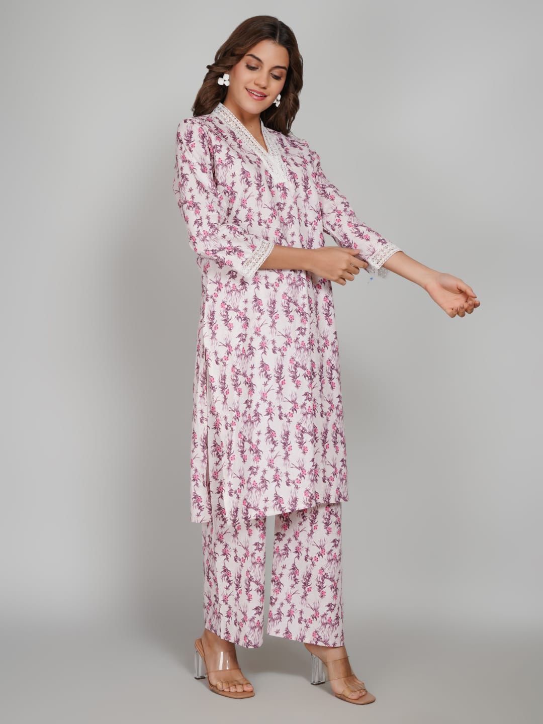 Women’s Pure Cotton Kurta Pant Set – 3/4 Sleeve, Collar Neck