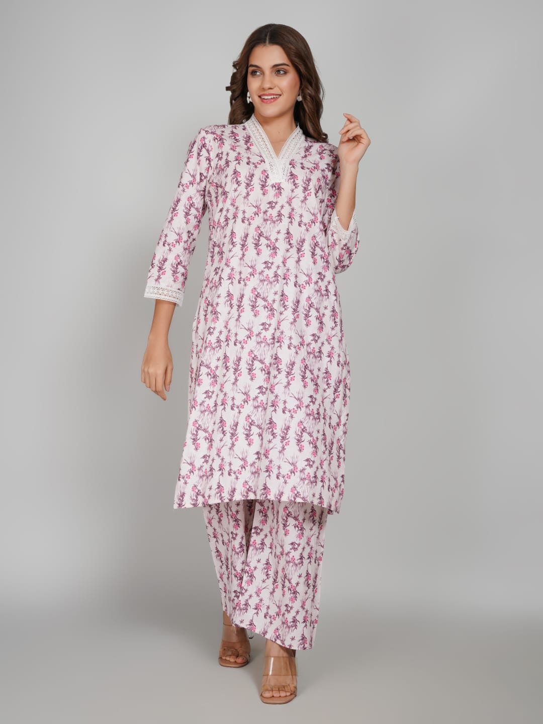 Women’s Pure Cotton Kurta Pant Set – 3/4 Sleeve, Collar Neck