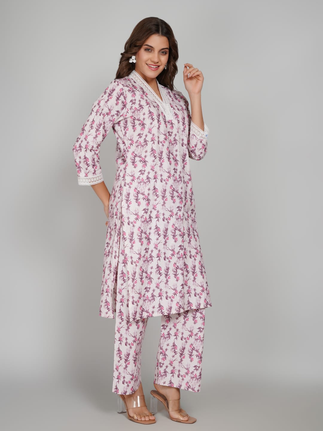 Women’s Pure Cotton Kurta Pant Set – 3/4 Sleeve, Collar Neck